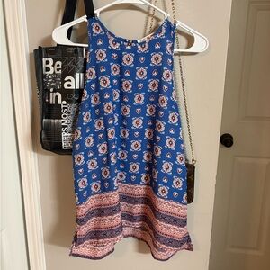 Pink Rose Blue Floral Print Camisole with Pink Accent Hem